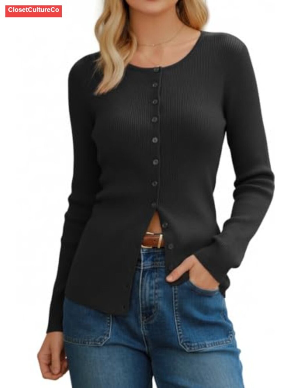Wool Blend Button Up Cardigan Ribbed Knit Business Casual Top